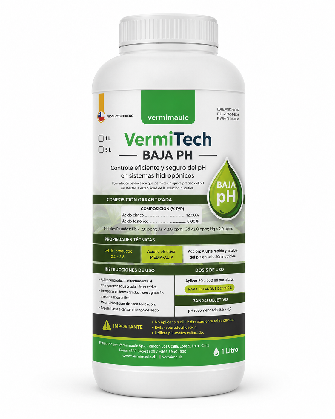 Baja pH para sistemas Hidropónicos - VermiTech BAJA pH